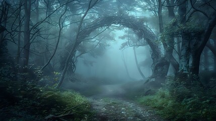 Journey Through Enchanted Woods: Archway Shrouded in Mysterious Dark Mist