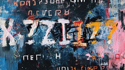 graffiti illustration of grungy noise concrete texture contemporary artful abstract hand write script and spray painted numbers and letter on wall, graffiti neo-punk style, Generative Ai