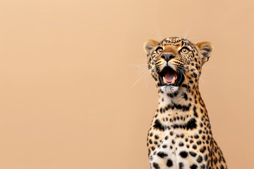 Naklejka premium Stunning leopard portrait on a beige background, showing vivid details perfect for educational content, wildlife campaigns, or graphic designs. Copy space for text. Surprised animal.