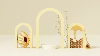 3D render of a display podium showcasing premium honey products

