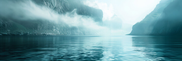 Mysterious Misty Fjord with Serene Waters and Rugged Cliffs Panorama