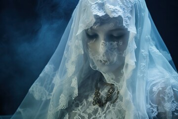 Mystical bride with lace veil revealing translucent face amidst a smoky atmosphere