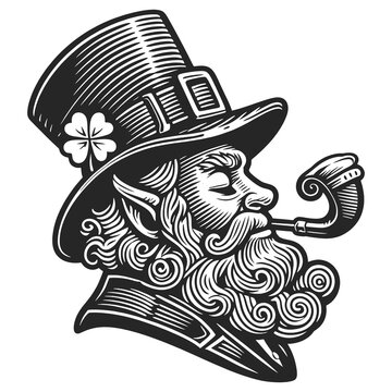 leprechaun gnome with smoking pipe and four-leaf clover Irish folklore sketch engraving generative ai fictional character raster illustration. Scratch board imitation. Black and white image.