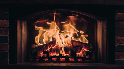 Fototapeta premium flicker and vibrant hues of a roaring fire in a fireplace, with dancing flames illuminating the darkness