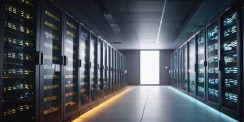A corridor stretches through a modern server room, illuminated by soft lighting that casts a calm ambiance over the technological haven. This is the quiet powerhouse where data is securely stored and - obrazy, fototapety, plakaty
