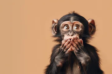 Badezimmer Foto Rückwand Cute, surprised monkey with large, captivating eyes on brown background. Ideal for promotions, great deals or offers. Good price, Black Friday, discount. Copy space for text. © Kassiopeia 