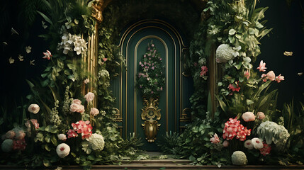 Fototapeta premium Enchanting Portal: A Verdant Wall Adorned with Vibrant Flowers Surrounds a Rustic Wooden Door, Inviting Whispers of Nature's Tranquility and Charm
