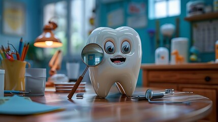 Visualize a tooth character in a detective outfit, magnifying glass in hand, inspecting a set of dental tools on the clinic counter, highlighting the detective work in diagnosing dental issues - obrazy, fototapety, plakaty