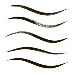 Makeup strokes, Set of mascara smudge, makeup eye liner swatches, Beauty and cosmetic black brush smudges vector background. smear make up lines collection, liquid make up texture isolated on white.