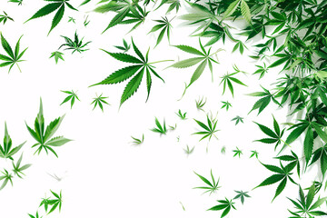 Cannabis leaf border with dense greenery on a white background