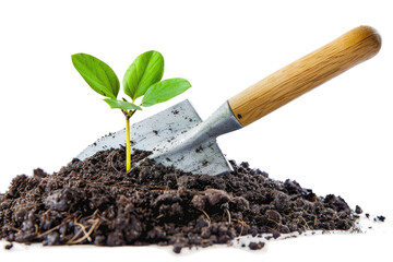 Shovel Digging in Dirt With Plant Growing. On a Clear PNG or White Background.
