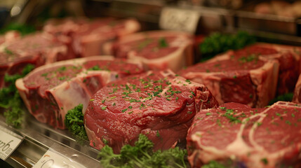 Fresh raw rib eye meat displayed in shop meat section.