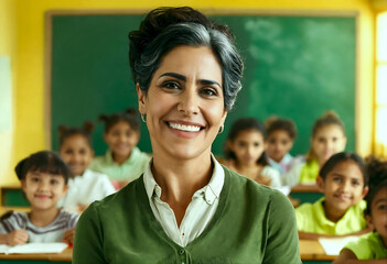 Smiling portrait of a middle aged latin american woman with students kids in elementary school teacher teaching a class. female with arms crossed. folded hands, classroom with blackboard background