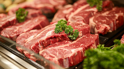 Fresh raw rib eye meat displayed in shop meat section.