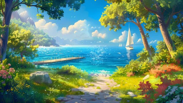 Tranquil painting of a pathway leading to a boat resting peacefully by the shore. Seamless Looping 4k Video Animation