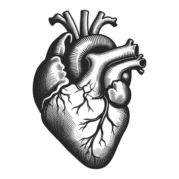 anatomical heart, depicted in an engraved style. Sketch engraving generative ai raster illustration. Scratch board imitation. Black and white image.