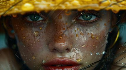 Close-up of a woman's face under a translucent yellow hat with raindrops.