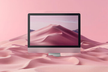 Serene Desert Landscape on Computer Screen Against Pink Background