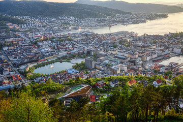 Beautiful panorama seen from Mount Floyen in Bergen, Norway