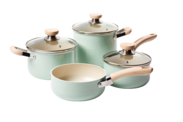 Set of Pots and Pans With Wooden Handles. On a Clear PNG or White Background.