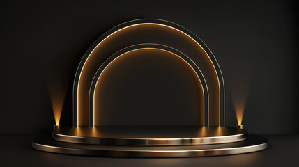 Vector Round Stage with Gold Arch Background, 3D Design - obrazy, fototapety, plakaty