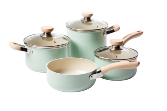 Set of Pots and Pans With Wooden Handles. On a Clear PNG or White Background.
