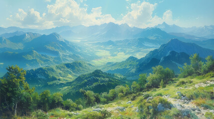 Fototapeta premium Breathtaking mountain vista captured in exquisite oil painting with high viewpoint