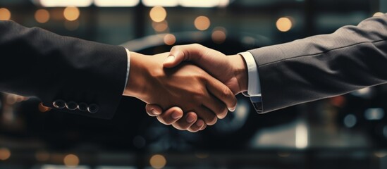 Two men in formal wear shaking hands with a firm grip. One mans hand is extending from his suit sleeve, while the others thumb and fingers are visible - obrazy, fototapety, plakaty