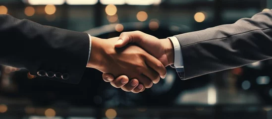 Foto op Aluminium Two men in formal wear shaking hands with a firm grip. One mans hand is extending from his suit sleeve, while the others thumb and fingers are visible © AkuAku