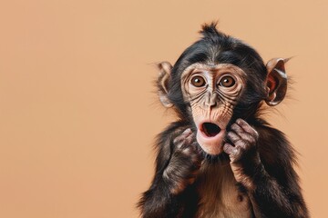 Cute, surprised monkey with large, captivating eyes on brown background. Ideal for promotions, great deals or offers. Good price, Black Friday, discount. Copy space for text.