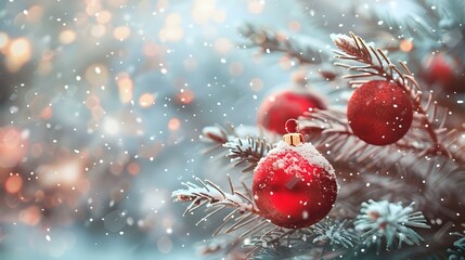 Fototapeta na wymiar Festive Winter Decor: Red Ornaments on Snowy Fir Branches, Holiday Theme