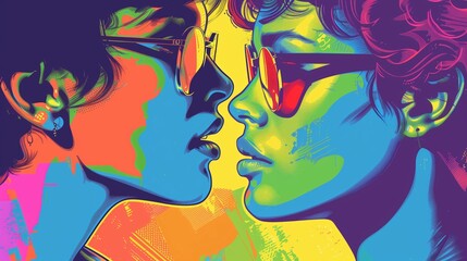 Surreal Pop Art Faces in Vibrant Colors, Abstract Couple Concept, Artistic Illustration