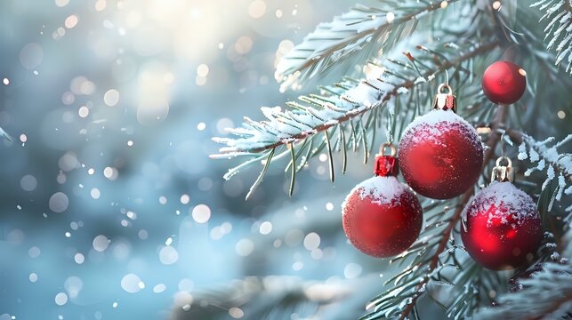 Seasonal Cheer: Festive Red Ornaments Adorn Snowy Fir Branches, Winter Scene