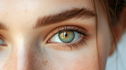 Close-up portrait of a woman showcasing her green eye with freckles and perfect eyelashes