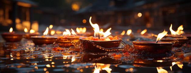 Background banner image of light festival, oil lamps and candles lighten in a Hindu cultural Diwali festival in night   