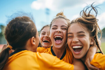 Young female soccer players in a joyful group hug after a victorious game - obrazy, fototapety, plakaty