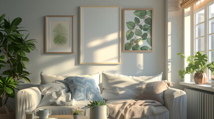 Cozy modern living room interior with frame mockups on a sunny day