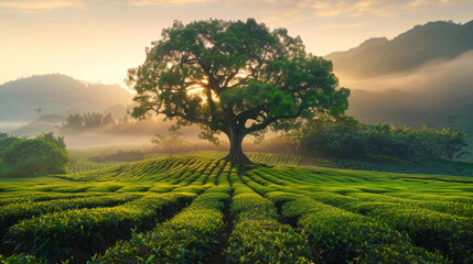 Majestic tree standing over lush tea plantation at sunrise - obrazy, fototapety, plakaty