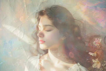 Serene Young Woman Surrounded by Ethereal Light and Florals