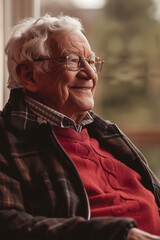 Portrait of happy retired senior man sitting at home near window. Satisfied old man looking at camera and smiling while relaxing near the window. Positive and confident elderly enjoy his retirement.