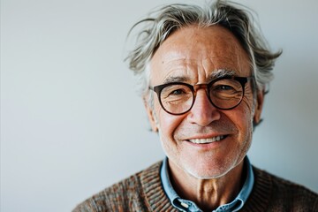 Portrait of a smiling senior man with glasses on a gray background