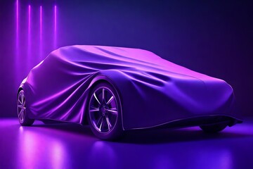 Presentation Of Car Covered With Cloth on Dark Illuminated By Violet Neon Light Background. 3d...