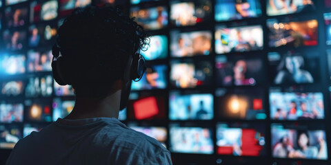 Silhouetted Young Adult with Headphones in Front of Video Wall Display