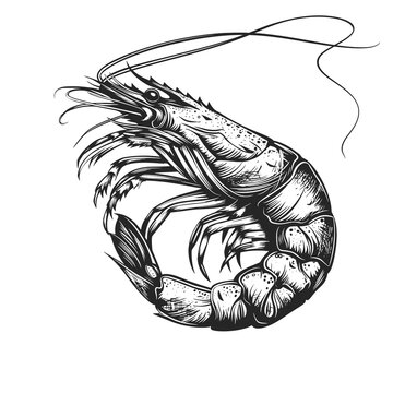Shrimp sea Caridea animal food sketch engraving generative ai raster illustration. Scratch board imitation. Black and white image.