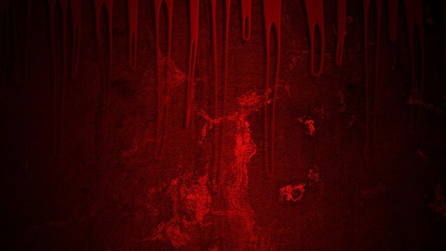 Streams of blood flow down the old dark wall horror animation background 4K.