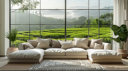 Minimalist modern living room foreground with dream tea field as background. Generative AI.