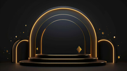 Luxurious 3D Podium: Gold Arch Scene for Product Display - obrazy, fototapety, plakaty