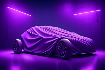 Presentation Of Car Covered With Cloth on Dark Illuminated By Violet Neon Light Background. 3d rendering