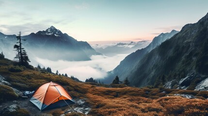 Nature landscape with fog, comfortable backpacking and camping scenery - obrazy, fototapety, plakaty