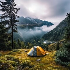 Nature landscape with fog, comfortable backpacking and camping scenery